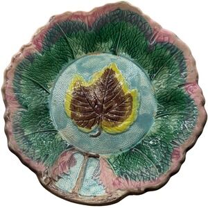 Antique 1880s Majolica Grape Leaf Shallow Bowl Plate Joseph Mayer Trenton NJ 10"